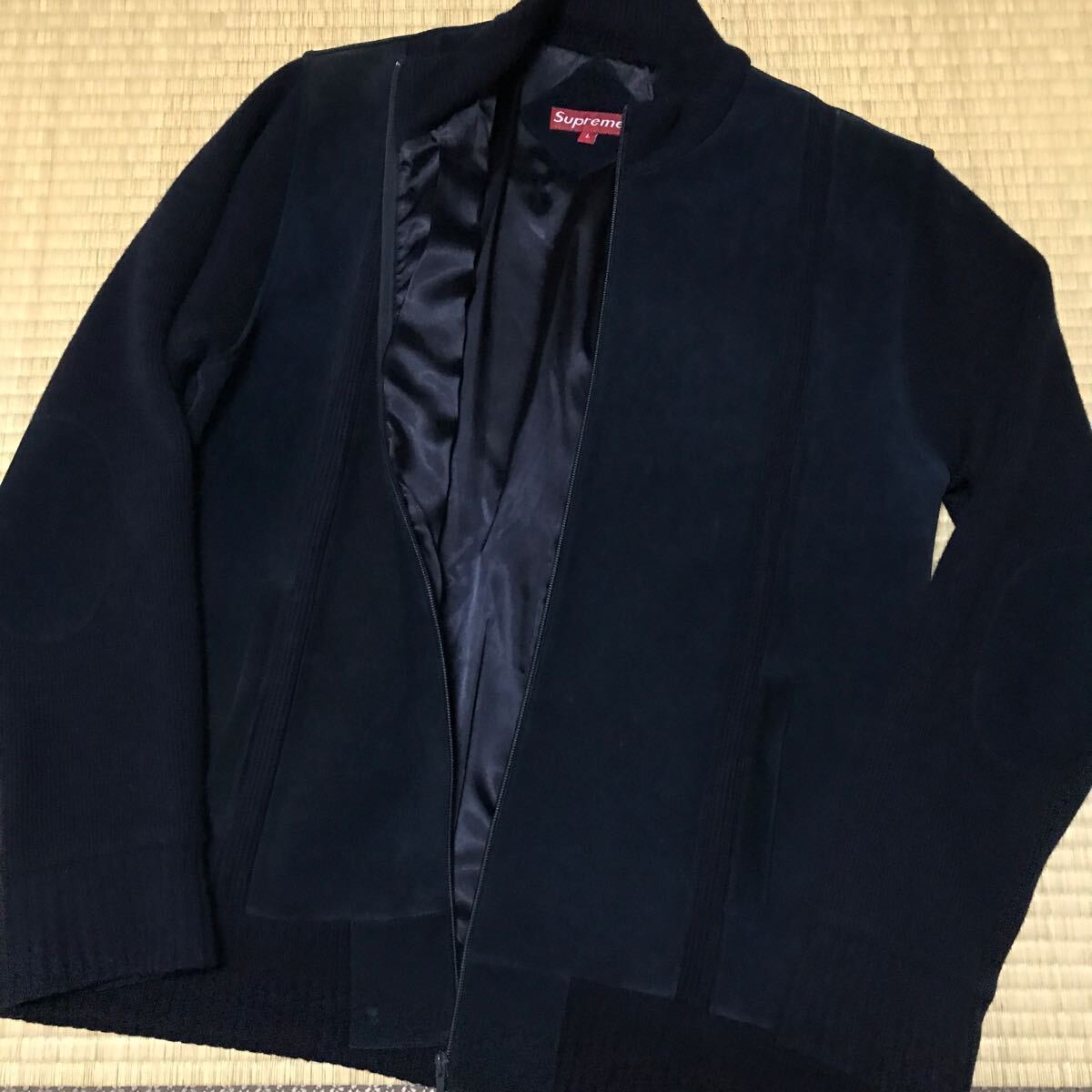 Supreme オールド　シュプリーム　レザー　切り替え　ドライバーズニット　ブルゾン ネイビー ジャケット cow suede×lambswool 希少　L 