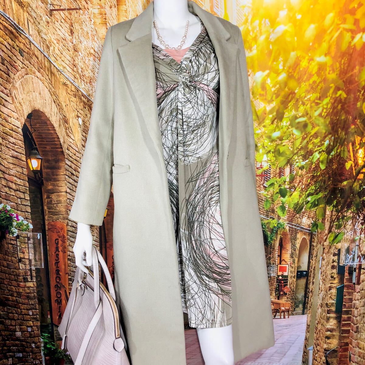 EGERIE シルバーベージュ ピンクデザインワンピース 単品　XS T1 カシュクール _画像9