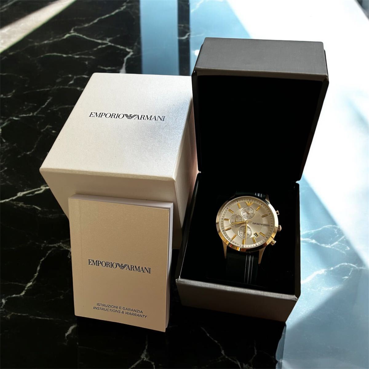 新品 EMPORIO ARMANI エンポリオ アルマーニ クロノグラフ 腕時計 クォーツ 正規店 購入 時計 ゴールド 文字盤 スーツ ゴルフにも！