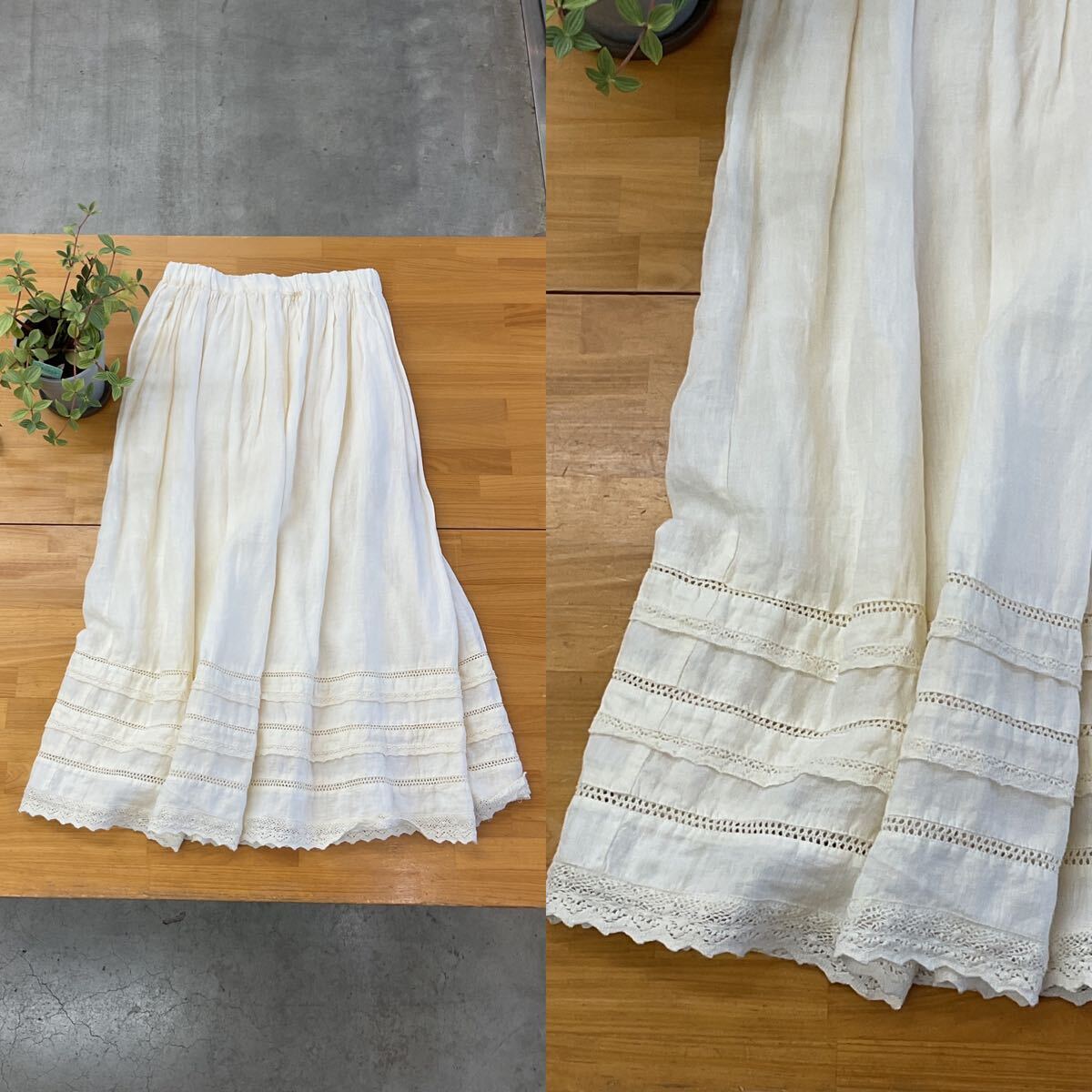 美品 Samansa Mos2 サマンサモスモス SM2 kazumi 裾レースフレアリネンスカート ウエストギャザーAラインボトムス ホワイト白色系 フリー