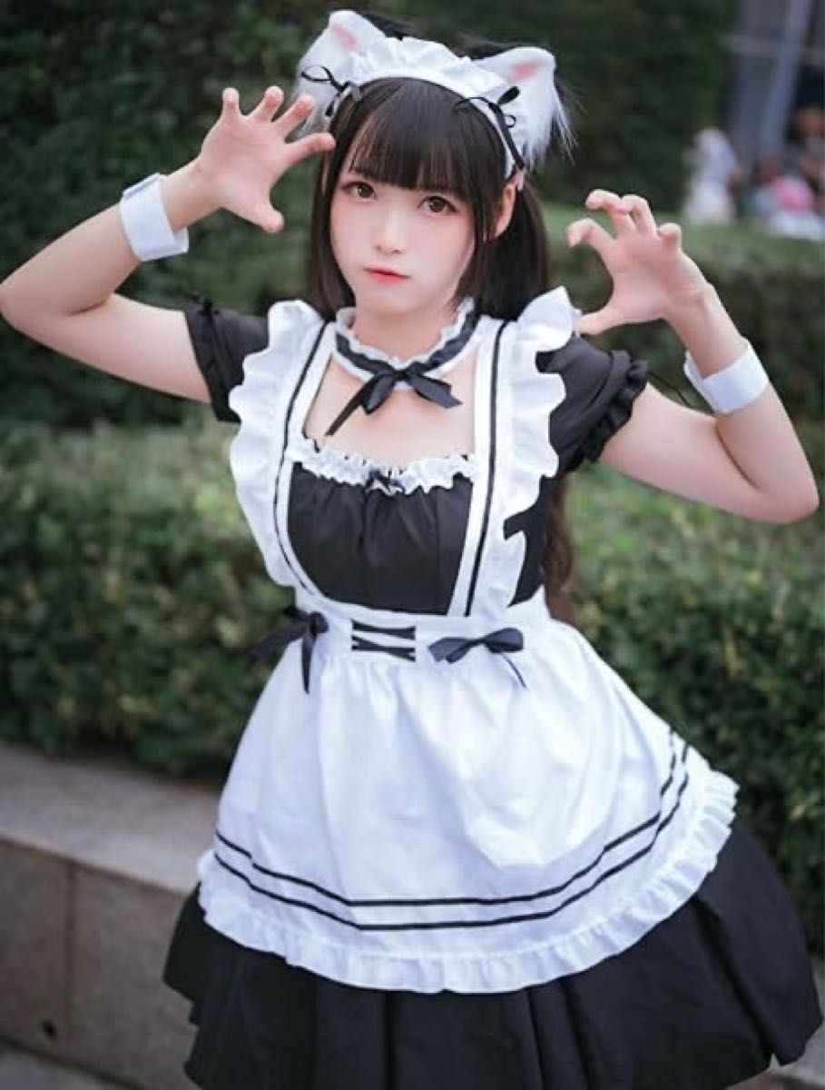 メイド 服 ゴスロリ 萌え コスプレ 衣装 フリル ロリータ 6点 セット　かわいい カチューシャ 清楚 可憐 ウェイトレス レディース