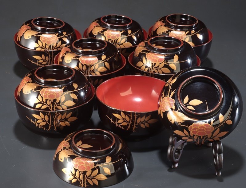 時代物骨董 木製漆器吸物椀七客 蒔絵・黒内朱 源氏物語 松風・葵の上 7客組 夢讃岐】木製漆器 蒔絵 吸物椀 7客揃(蓋8枚)Φ120 H60 wa517
