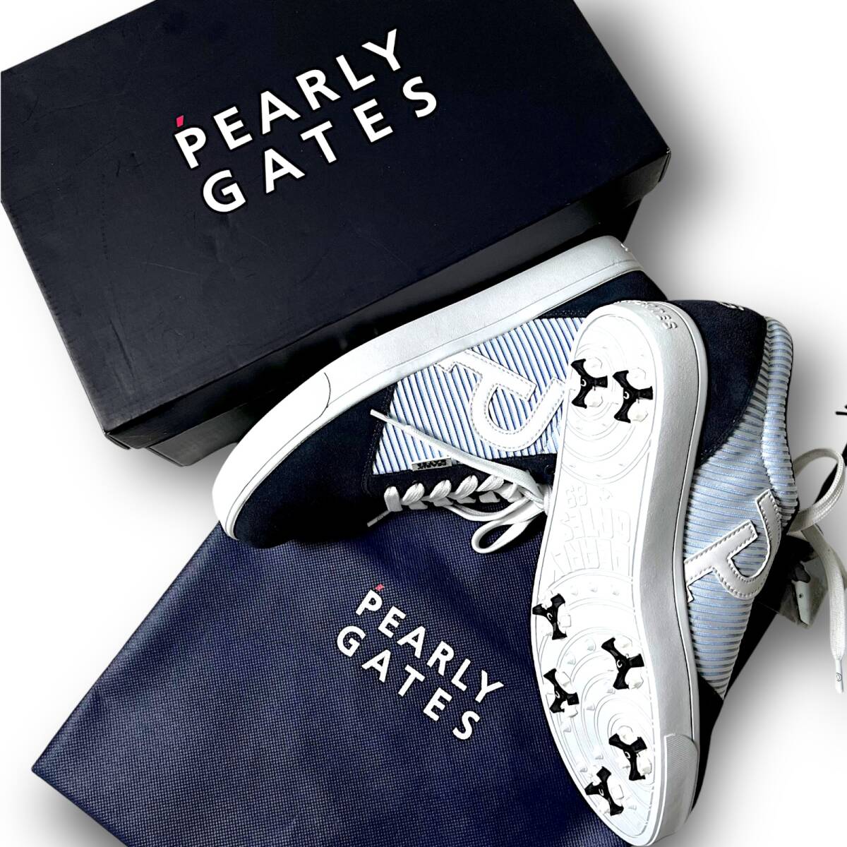 新品 PEARLY GATES パーリーゲイツ 定価3.9万 レンチ＆収納袋付 ストライプ ローカット スパイク ゴルフシューズ 27cm 箱有り ◆B4213