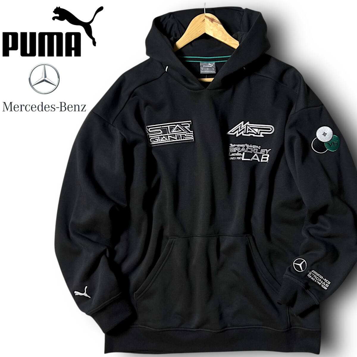新品 PUMA プーマ メルセデス 定価1.8万 MAPF1 速乾ポリコットン 裏起毛 刺繍 スウェット パーカー フーディ プルオーバー 621137 M◆B4421