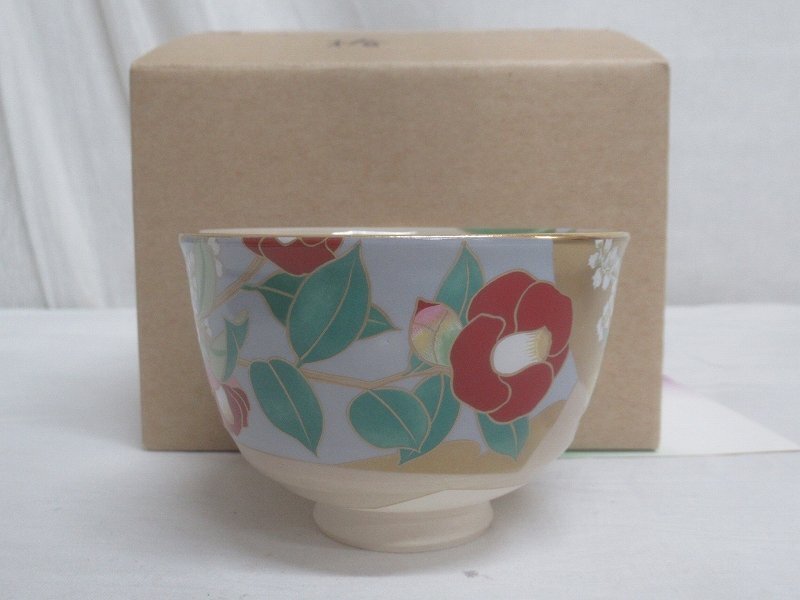 M2336 桑野睦子 京焼 椿 御所の花十二ヶ月 抹茶碗 茶碗 茶器 茶道具