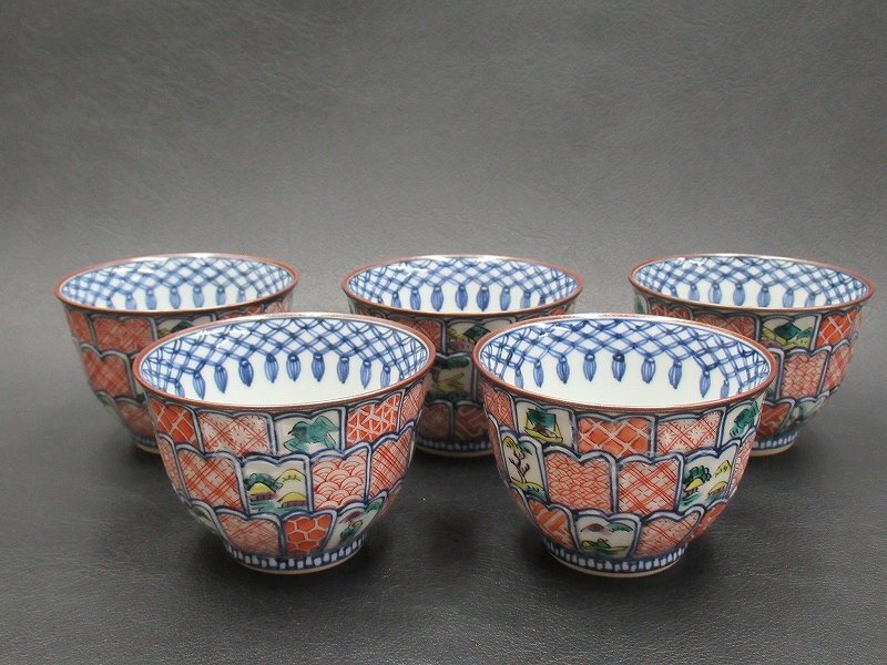 D3256 山本壹楽 京焼 染錦 祥瑞文 煎茶碗 5客 煎茶器 1