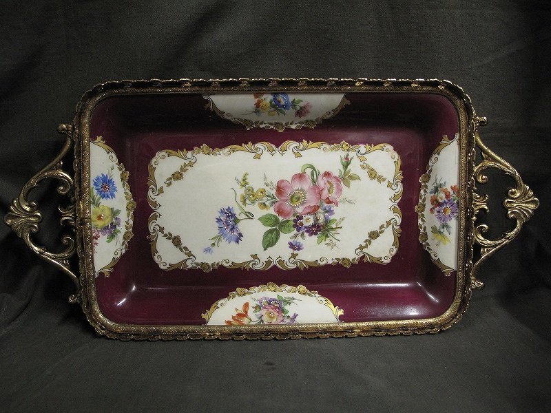 A1907 Ace Decor A La Main リモージュ 金属ホルダー付 手描花絵 長方トレー 西洋磁器