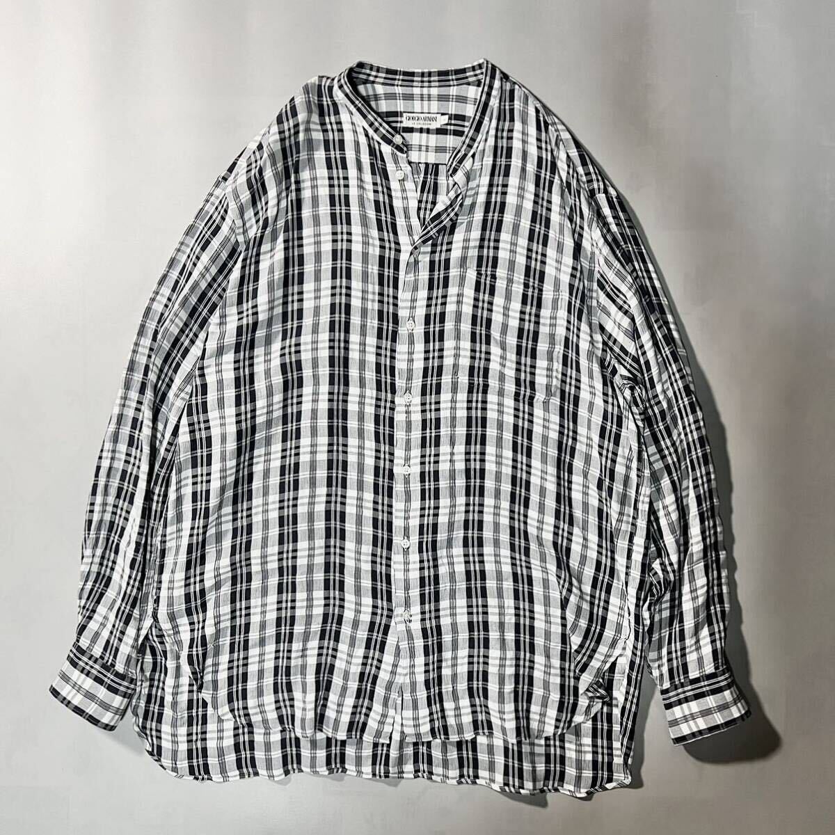 1990s Giorgio Armani チェック シアサッカー シャツ スタンドカラー 白 ホワイト ヴィスコース ジョルジオアルマーニ ヴィンテージ 80s