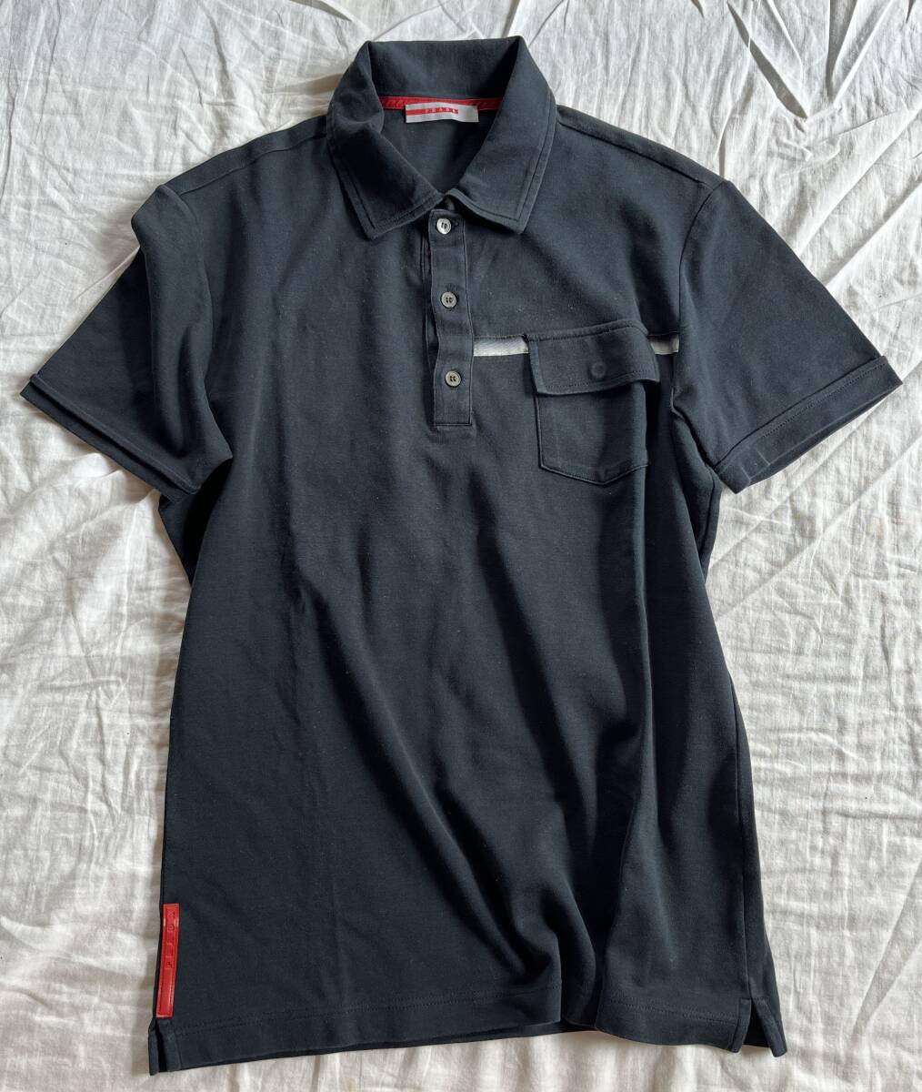 プラダスポーツ PRADA SPORT ラバーロゴ ポロシャツ トップス 半袖 黒 ブラック サイズS メンズ 立体ポケット　高級タイプ