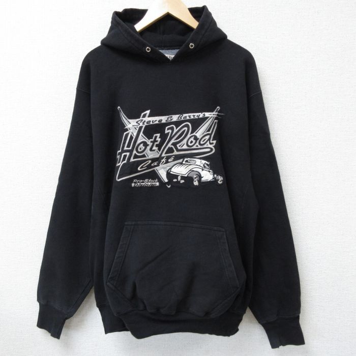 XL/古着 STEAVE＆BARRYS 長袖 スウェット パーカー メンズ Hot Rod 車 刺繍 黒 ブラック 24oct17 中古 スエット トレーナー トップス
