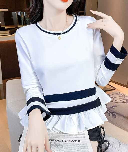  long sleeve T shirt frill casual lovely border pattern autumn winter simple XL dark blue 