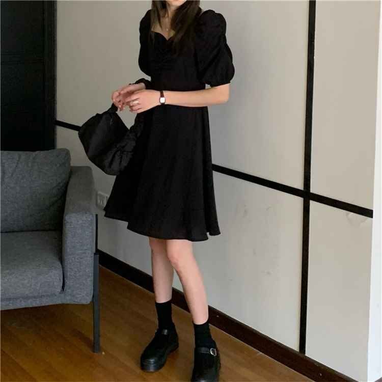  One-piece pure color short sleeves slim miniskirt L black 