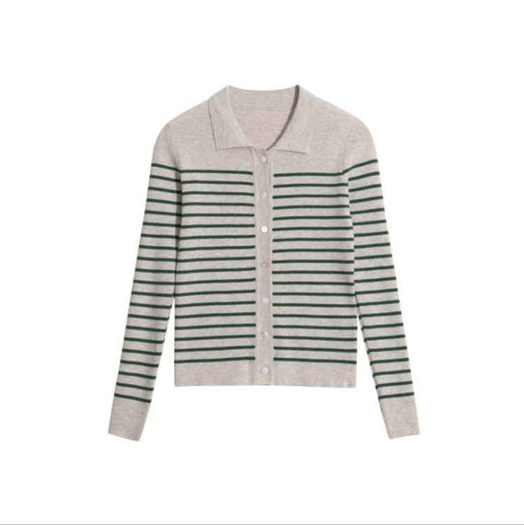  stripe knitted cardigan lady's collar attaching light tops S green 