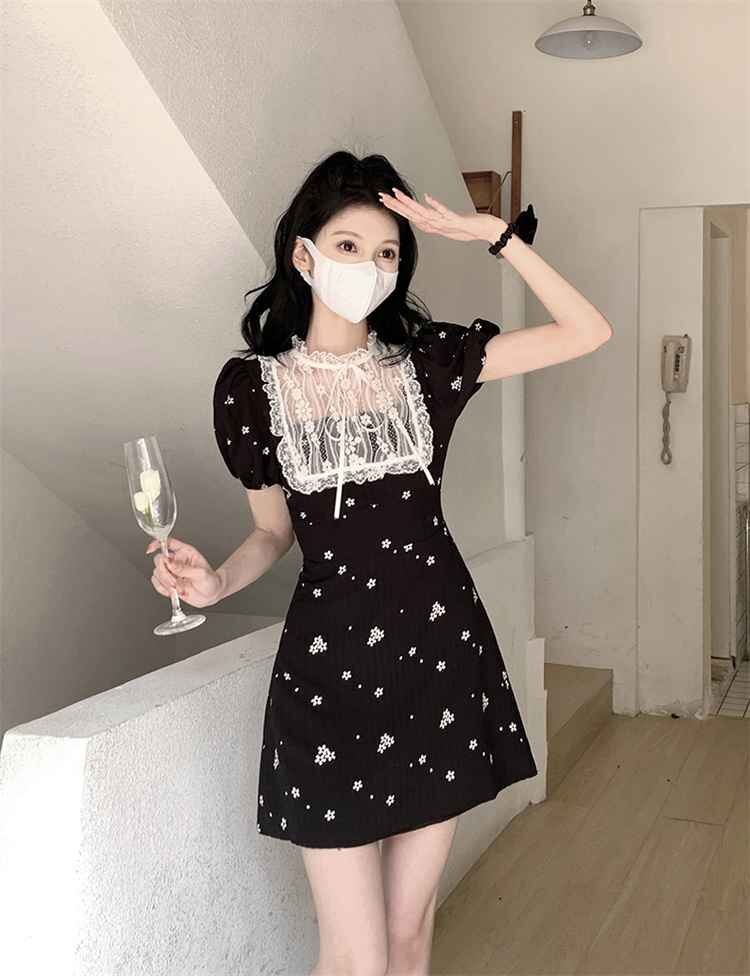  minivan pi short sleeves puff sleeve floral print race retro .. attaching cloth L black 