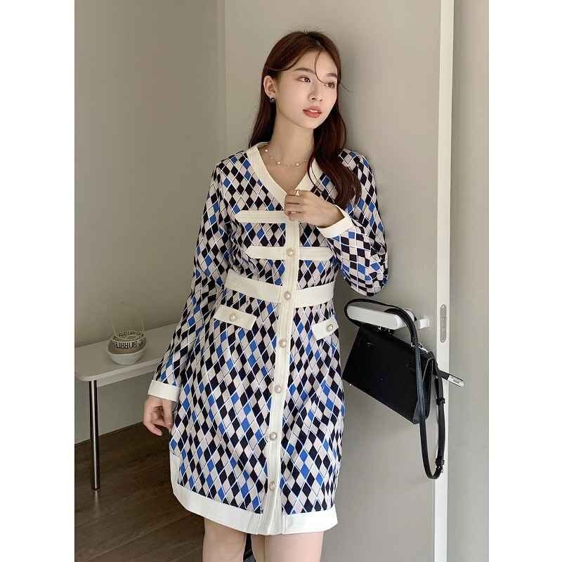  long sleeve One-piece minivan pi lovely autumn winter office casual L blue 