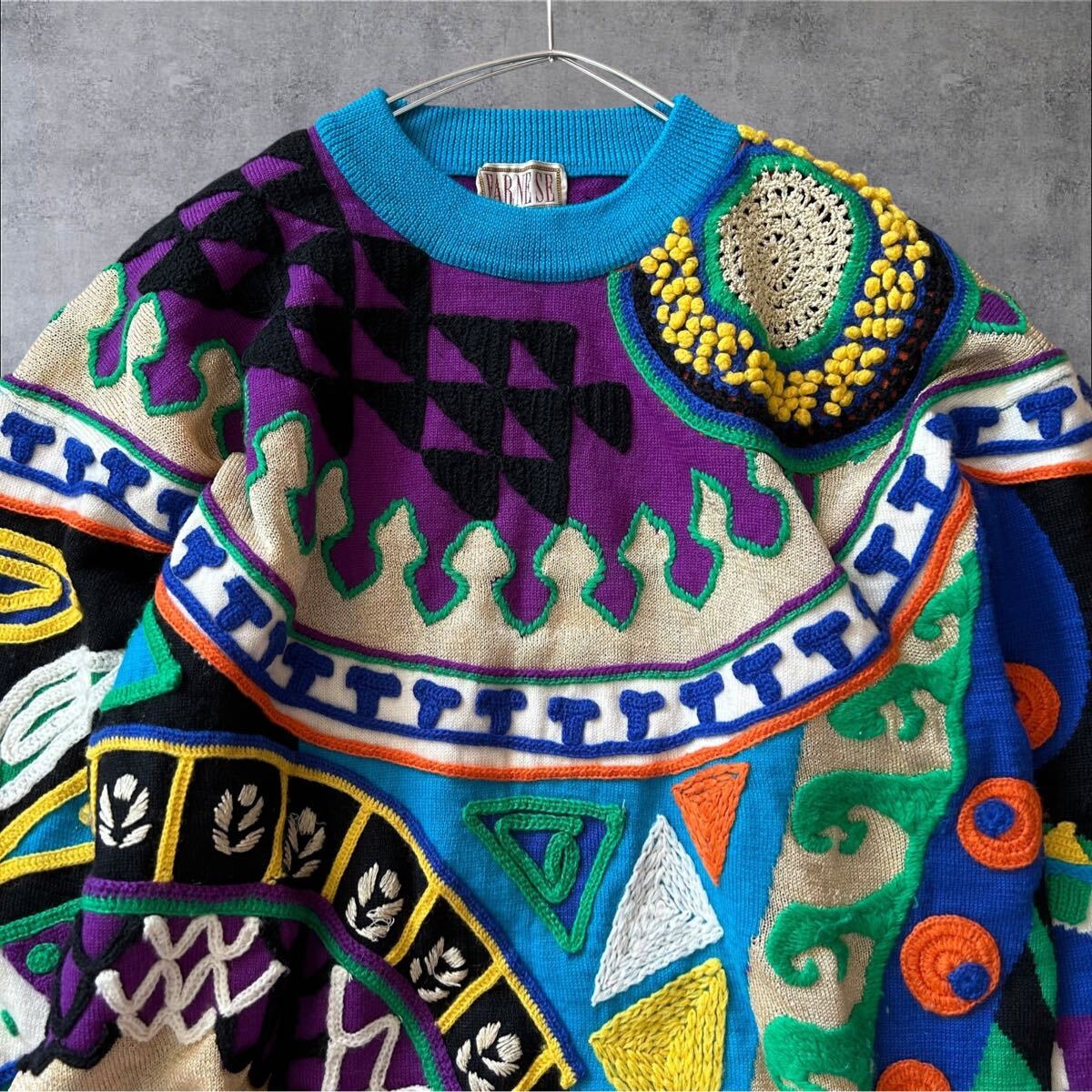 80s ficce クレイジーパターンニット でかロゴ刺繍 キナリ×黒 XL 80s ficce クレイジーパターンニット でかロゴ刺繍 キナリ×黒 XL