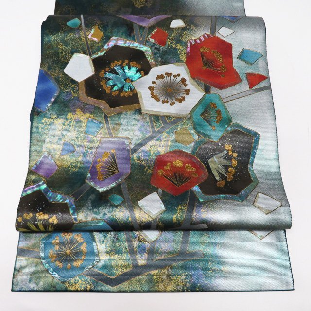 ★きもの北條★ 螺鈿箔　花の図　梅　引箔　三通　中古　正絹　袋帯　T725-15