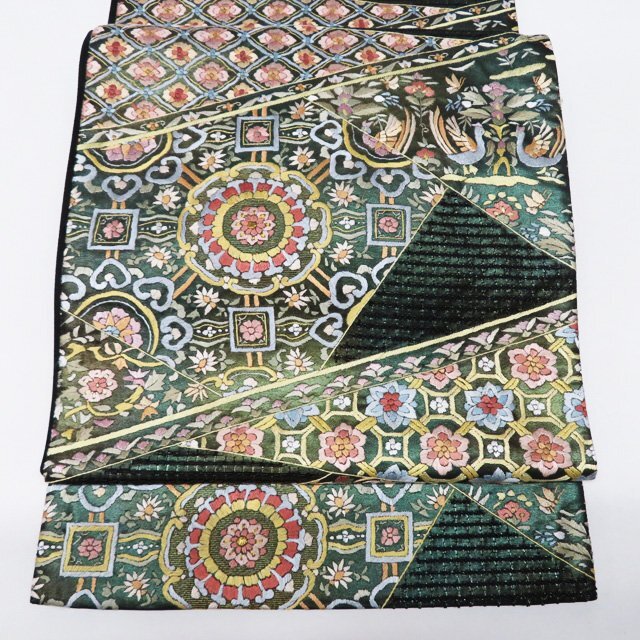 ★きもの北條★ 汕頭刺繍　スワトウ　中国刺繍　花鳥模様　花紋　華文　引箔　六通　中古　正絹　袋帯　T725-7