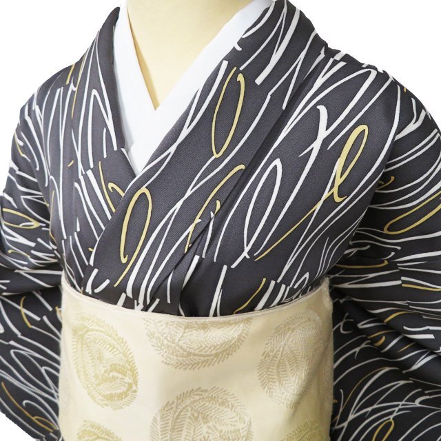 小紋 着物 中古 正絹 袷 カジュアル 線模様 消炭色 多色 身丈158cm 裄62cm M きもの北條 A1100-12 仕立て上がり