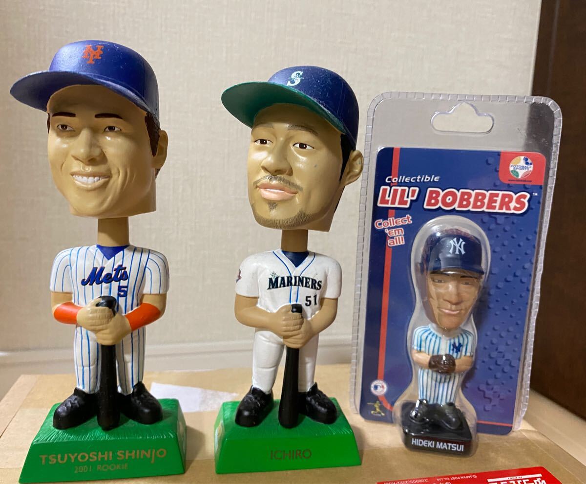 MLBボブルヘッド人形、希少当時もの、マリナーズ・イチロー選手、メッツ・新庄選手、ヤンキース・松井選手(ミニ版)、 フィギュア