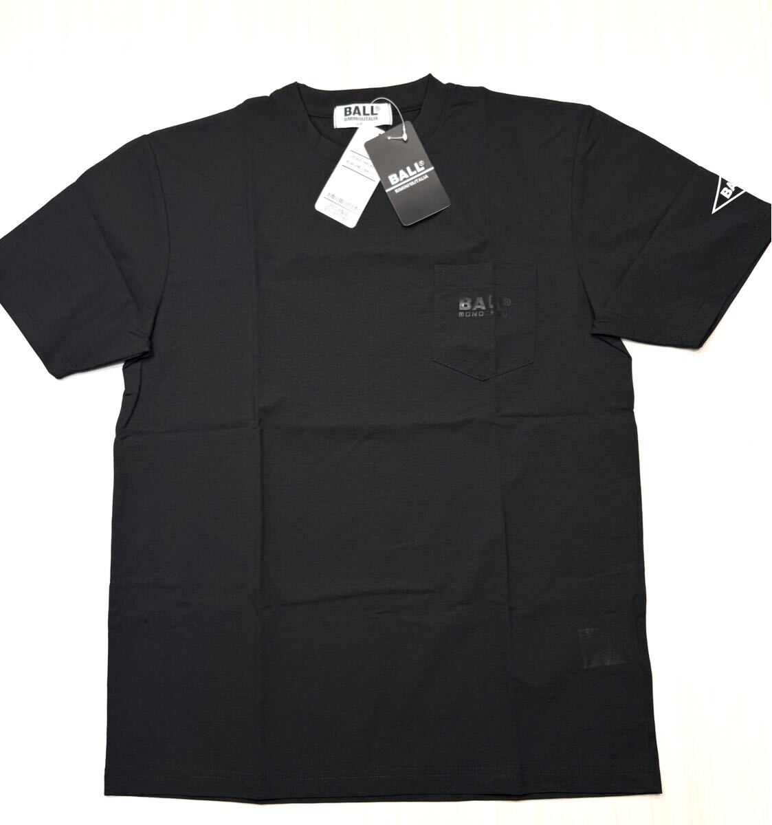 (送料無料)新品未使用品 BALL ボール イタリアブランド 胸ポケ付き メンズ半袖Tシャツ☆ブラック ☆サイズM 胸囲88〜96㎝、身長165〜175㎝