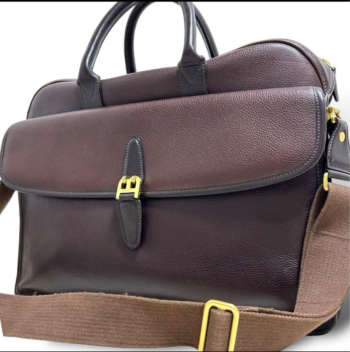 美品　バリー　2way ビジネスバッグ　ショルダーバッグ　オールレザー　ロゴ金具 本革 通勤 大容量 ブリーフケース ブラウン