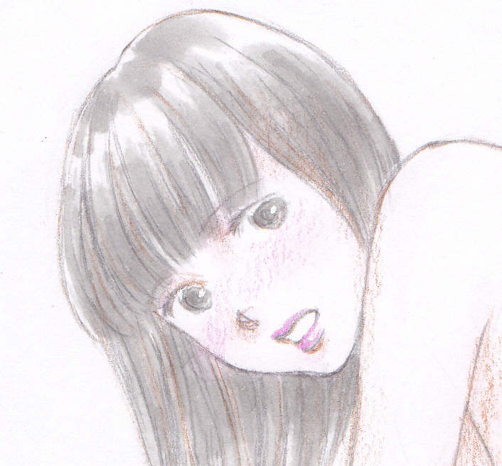 vivi 手描きイラスト「angel23」女の子 美女　美少女　美人　女豹のポーズ　赤面　美人画　裸婦　鉛筆画 直筆 原画 約B6サイズ