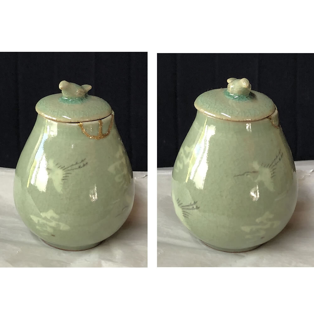茶道具 雲鶴青磁・茶入・人間文化財「柳海剛/柳根瀅」 作 工芸品