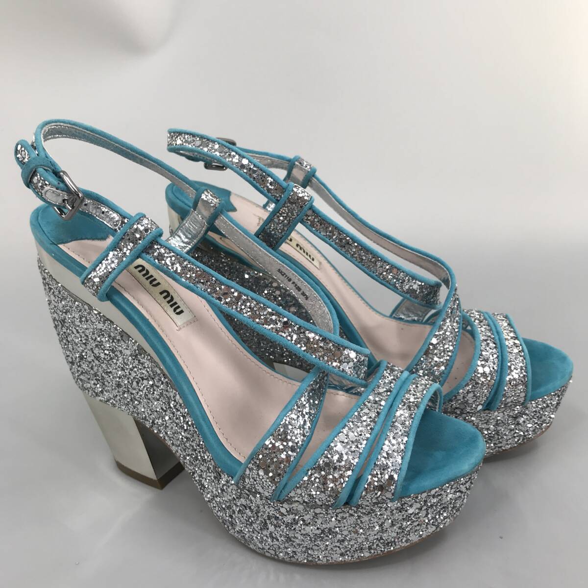 [ beautiful goods ] MiuMiu miumiu sandals heel silver blue shoes g Ritter suede strap lady's H