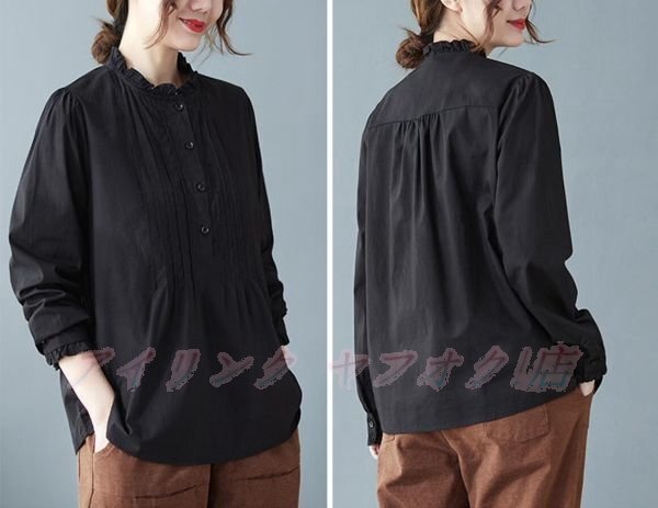 * new goods size selection possible autumn blouse fine quality plain cotton flax shirt casual wonderful large size long sleeve tunic black 