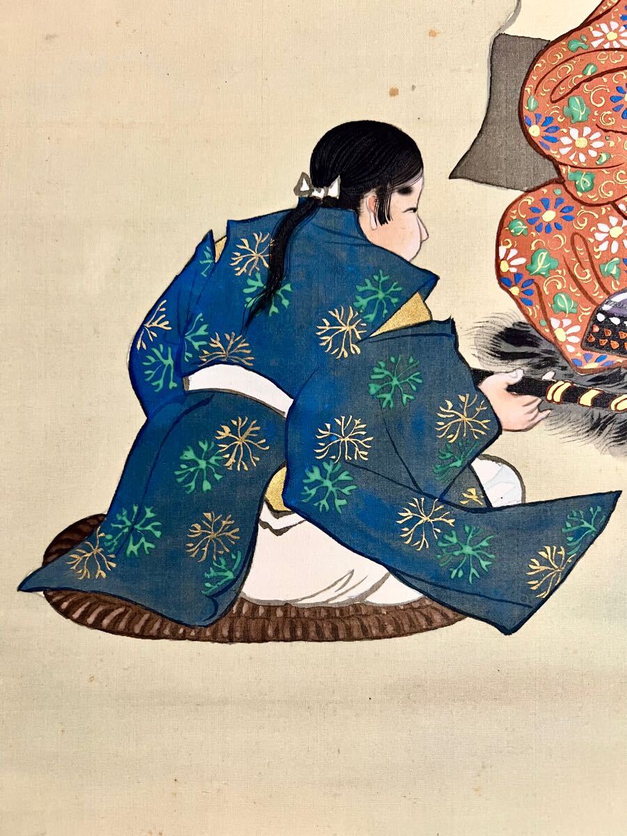 真作】【S8】岸米山「桜井の訣別」絹本 肉筆 金泥 浮世絵 武者絵