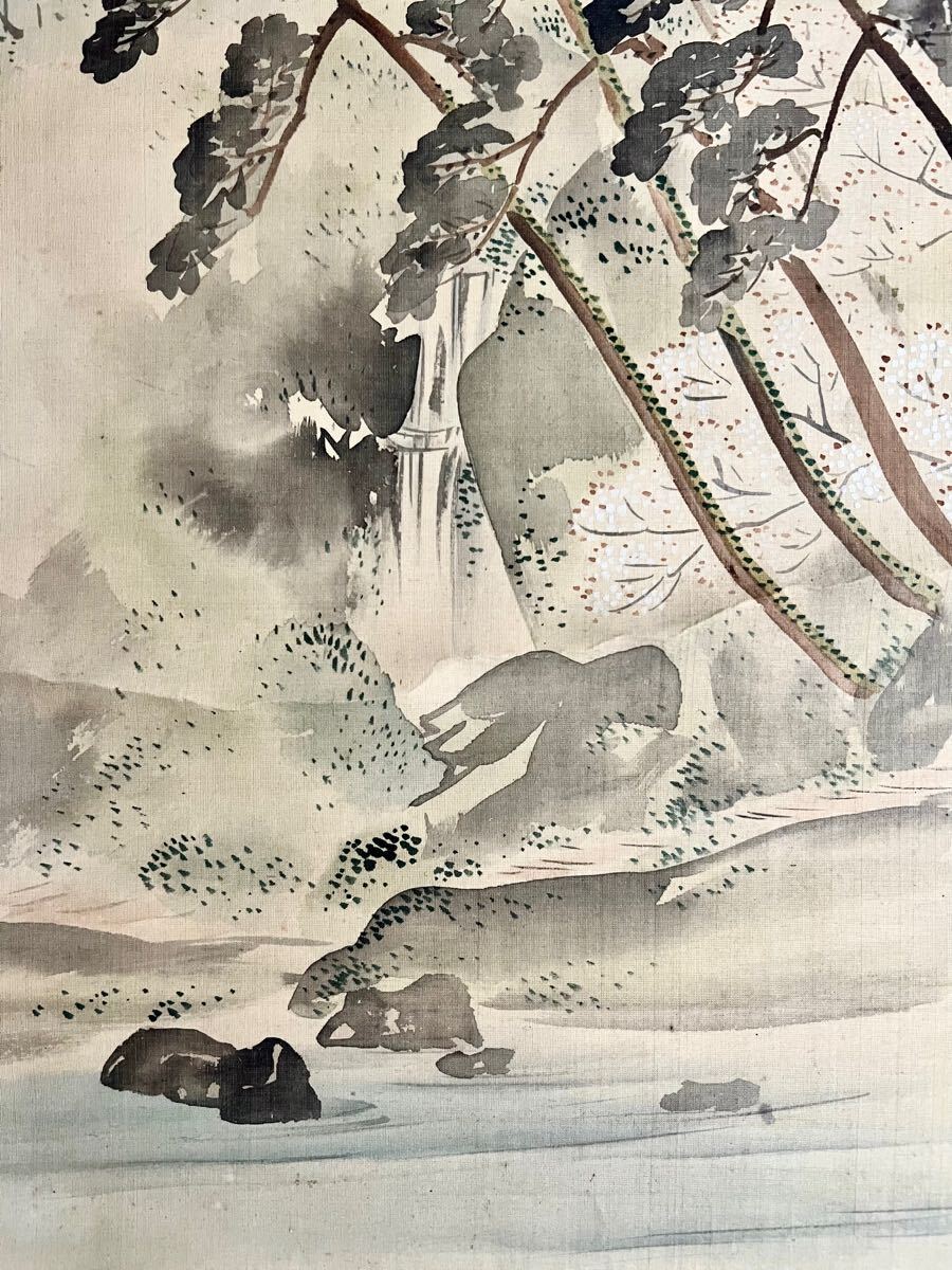 真作】【S8】松村景文「桜山水」絹本 肉筆 春景 風景画 山水図