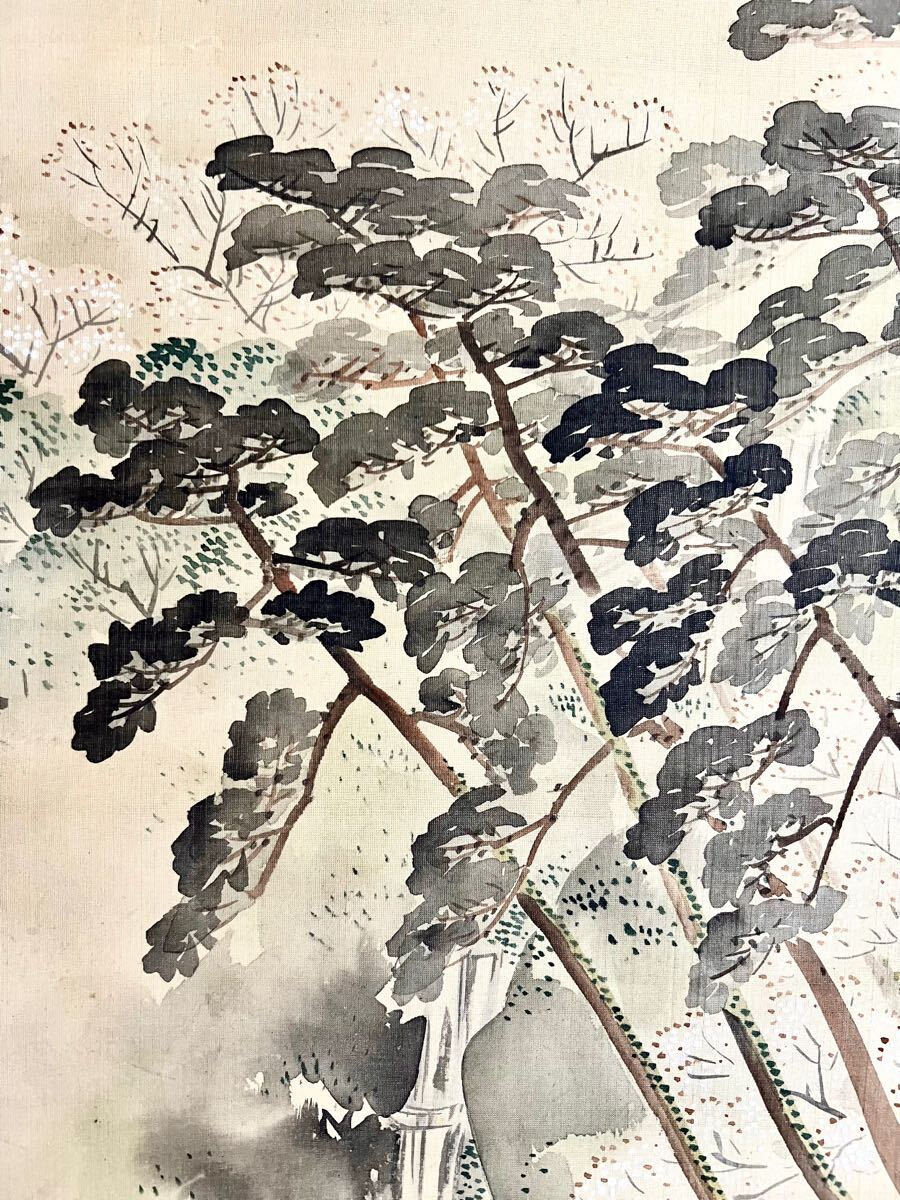 真作】【S8】松村景文「桜山水」絹本 肉筆 春景 風景画 山水図