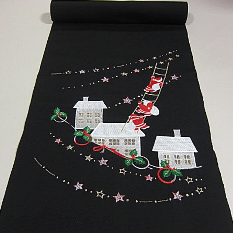 新品未仕立　西陣織刺繍高級九寸名古屋帯　プレゼントを運ぶサンタクロース　クリスマスに！　黒 