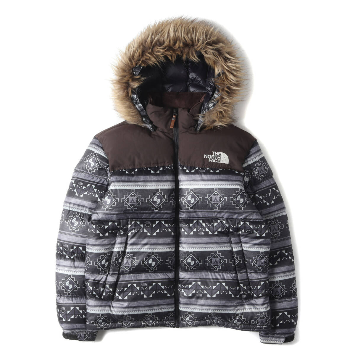 THE NORTH FACE ジャケット サイズ:105(XL) 海外限定 ネイティブ柄 フードファーヌプシ ダウンジャケット ブラック系
