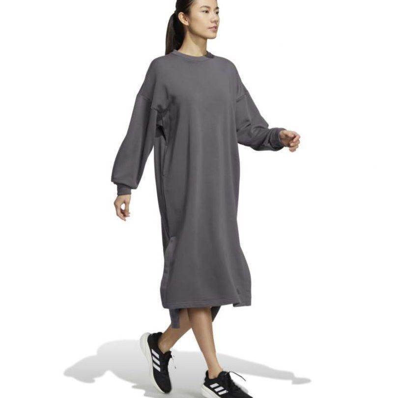 ★アディダス adidas 新品 レディース 快適な着心地 リラックス スウェット 長袖 ワンピース 灰 Lサイズ [HM2784-L] 二 弐★QWER★
