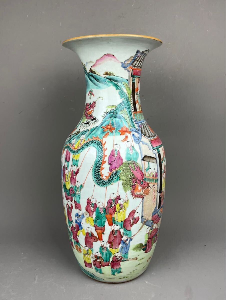 R6090502 中国美術 景徳鎮製 粉彩色絵花 龍 文黄釉花瓶 置物