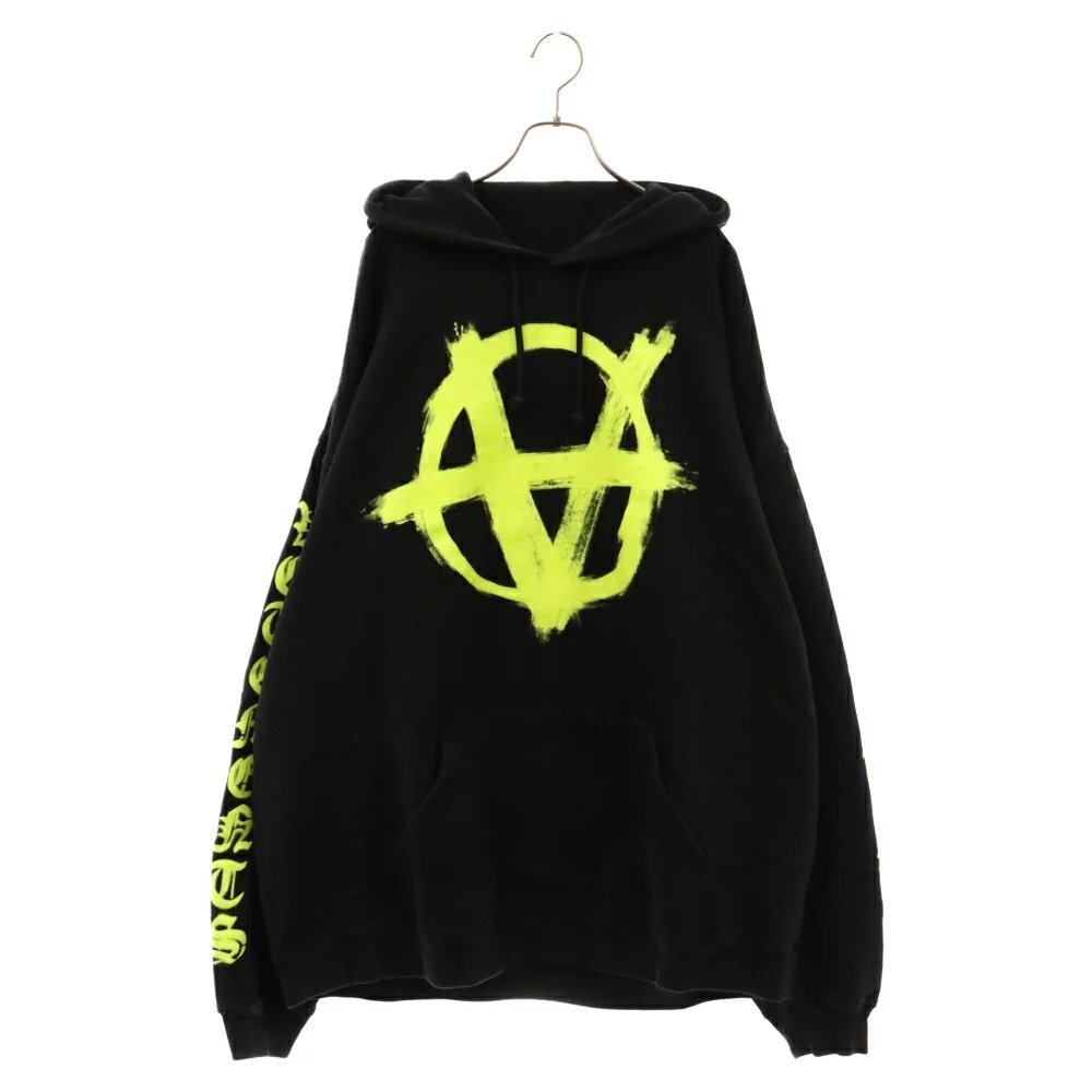 VETEMENTS ヴェトモン 2022AW Double Anarchy Hoodie 袖ロゴ オーバーサイズ ブラック 人気 中古 L JN 1