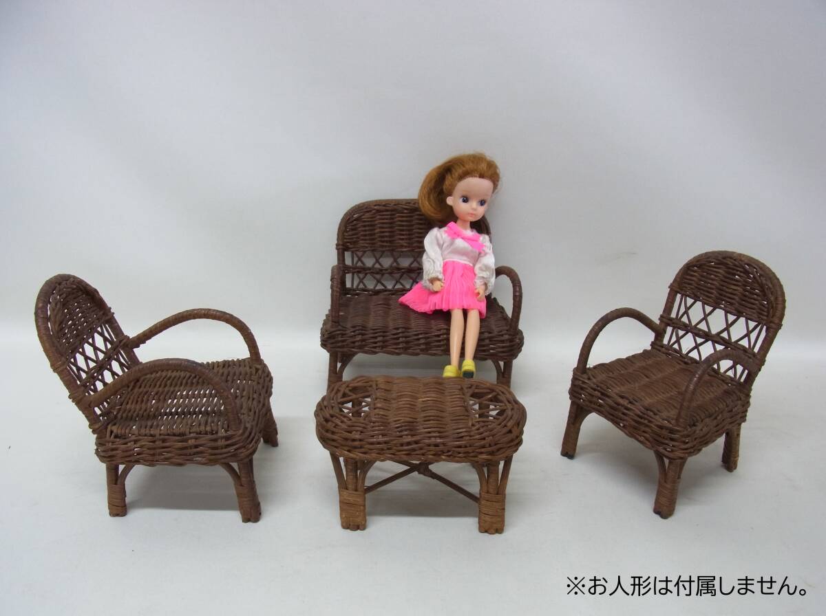 ミニチュア 藤家具セット☆応接セット イス テーブル ドールハウス リカちゃん 人形用 家具 ラタン 藤 昭和 レトロ ヴィンテージ 60