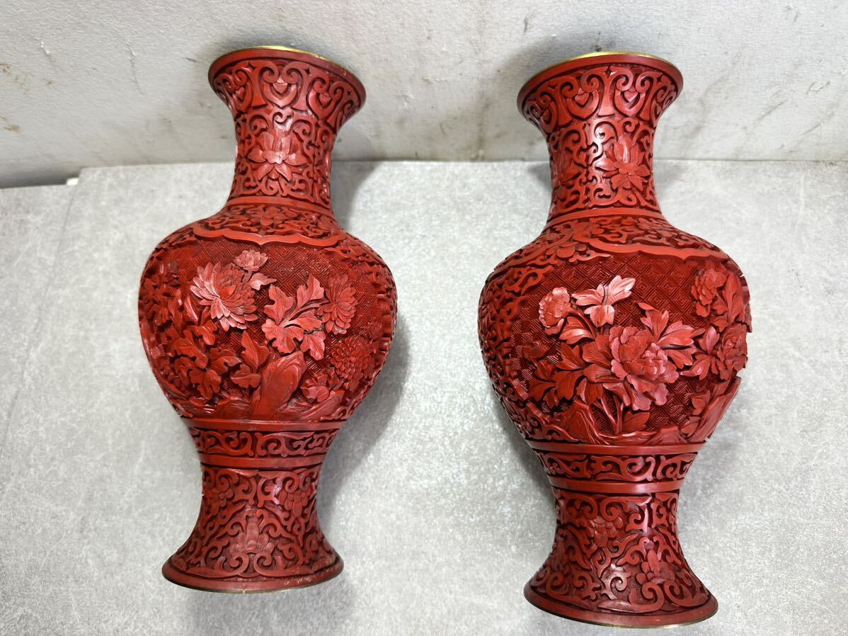 ★堆朱飾壺 雕漆花瓶 花瓶 推朱細工 漆刻 推朱 花彫花瓶 漆器 中国陶芸 美術品 中国美術 ☆元箱付き★