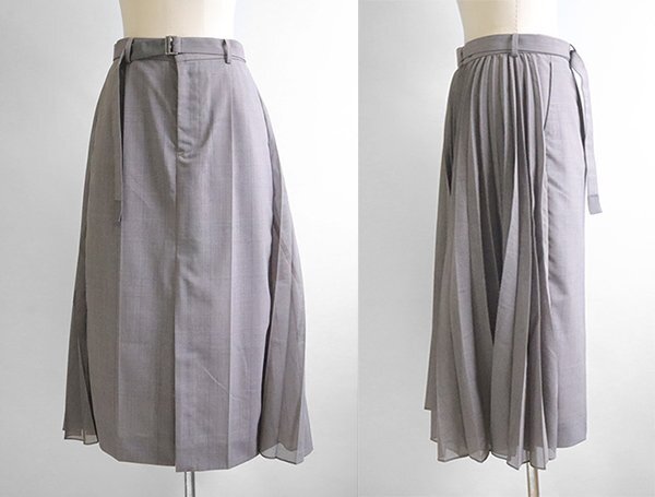 sacai ◆24SS グレンチェック プリーツ ロングスカート グレーブラウン サイズ3 (ベルト付き) スリット入り マキシ丈 サカイ ◆ZZ5