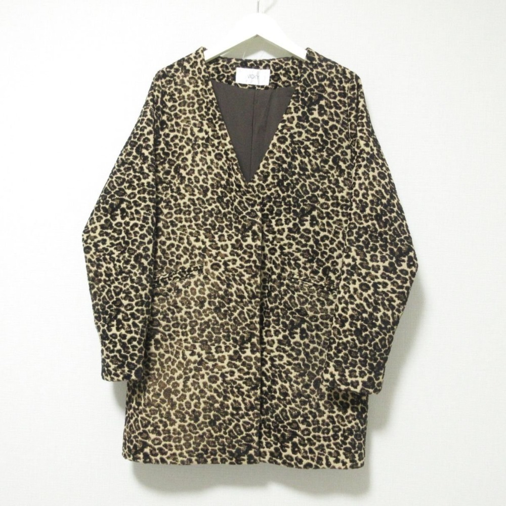 美品 VICKY ビッキー ヒョウ柄ジャガードVネックコート レオパード柄 ノーカラージャケット 1 ベージュ系