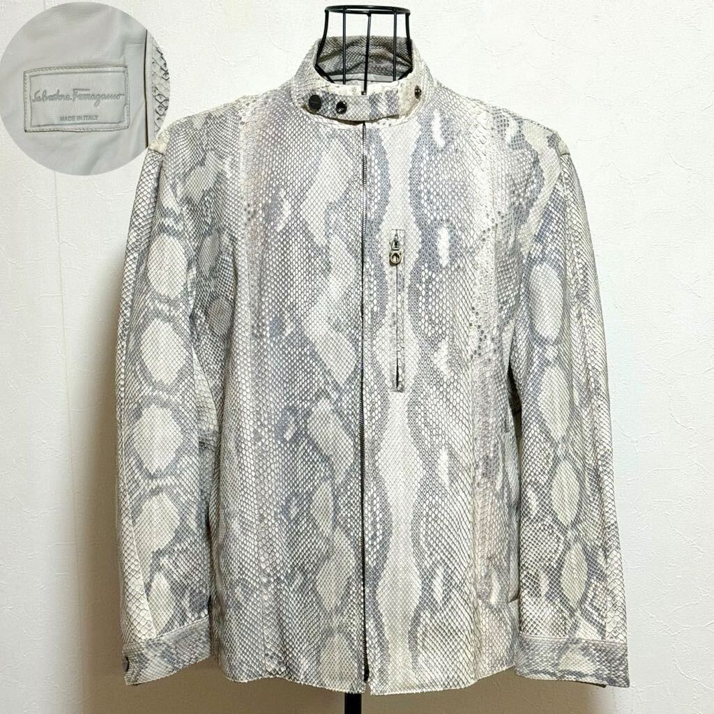 【美品】フェラガモ ダイヤモンド パイソン ライダースジャケット サルバトーレ Ferragamo 52 XXL Real Python メンズ ブルゾン 開運 金運