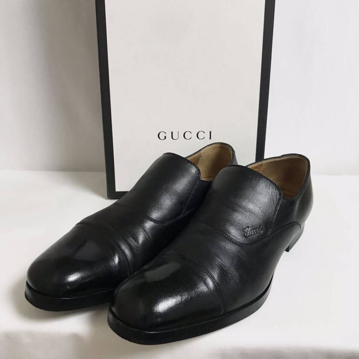 イタリア製 GUCCI レザーシューズ スリッポン ストレートチップ ビジネスシューズ 革靴 ブラック 6 革靴 ローファー