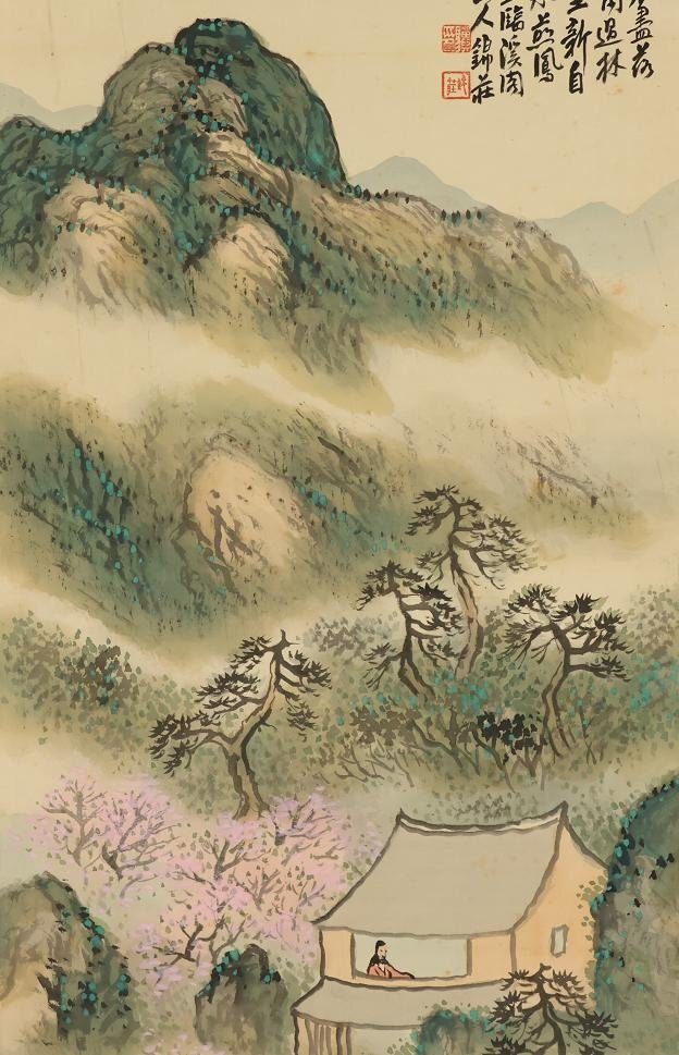 稲垣錦荘 水墨山水掛軸 Y215 Yahoo!オークション - 【真作】 稲垣錦荘 青緑春溪待客図 春景