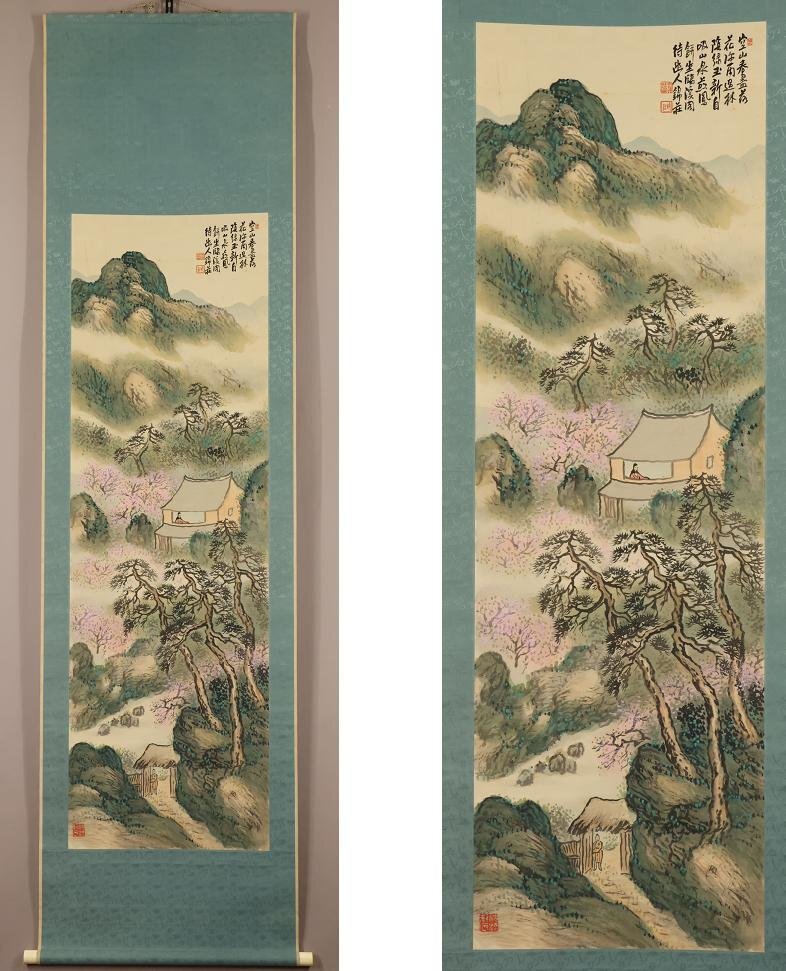 稲垣錦荘 寒渓疎林図 共箱 帝展 山本梅荘 橋本関雪師事 日本南画院同人 掛軸 Yahoo!オークション - 【真作】 稲垣錦荘 青緑春溪待客図 春景