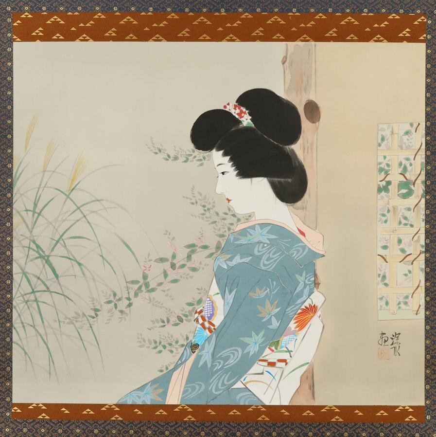肉筆絵画 伊東深水 本物 大正時代 伊東深水 肉筆 浮世絵 美人図 着物 日本画 絵画 掛軸 美人画