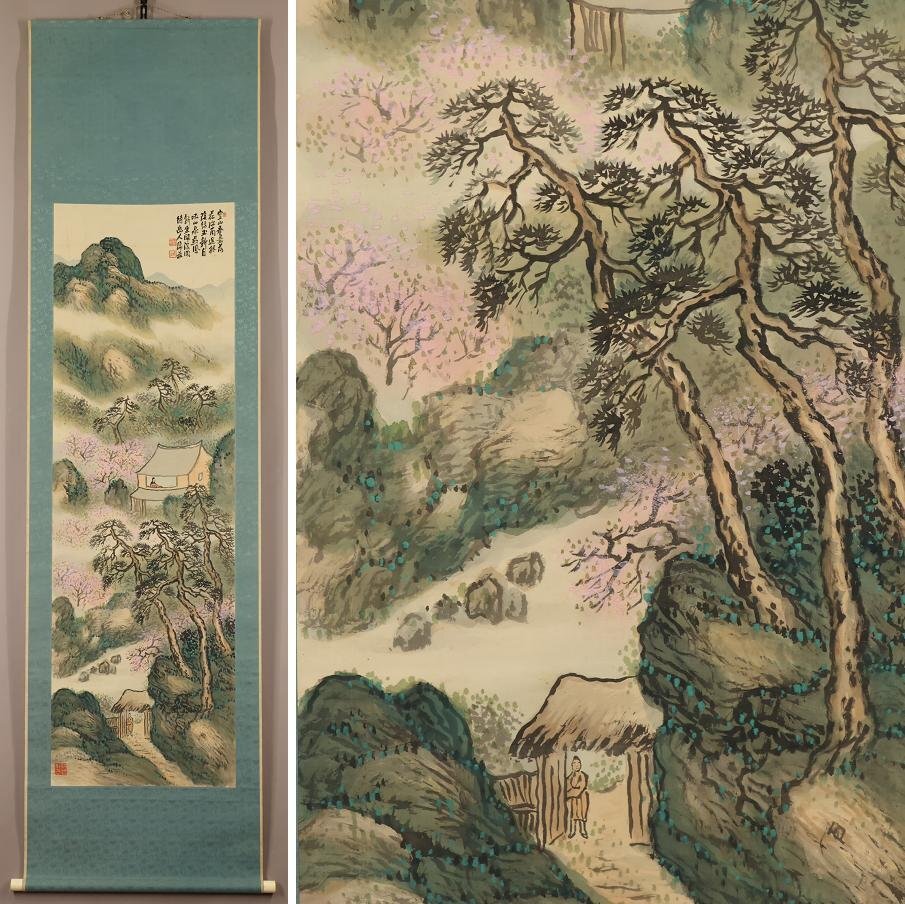 【真作】掛軸 番場景春 春景山水 幽玄の山村 霧深き風景画 共箱入 Q60 Yahoo!オークション - 【真作】 稲垣錦荘 青緑春溪待客図 春景