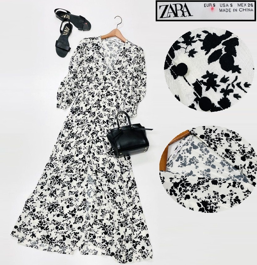 ZARA /S/ ホワイト×ブラック ロングワンピース 花柄ドレス