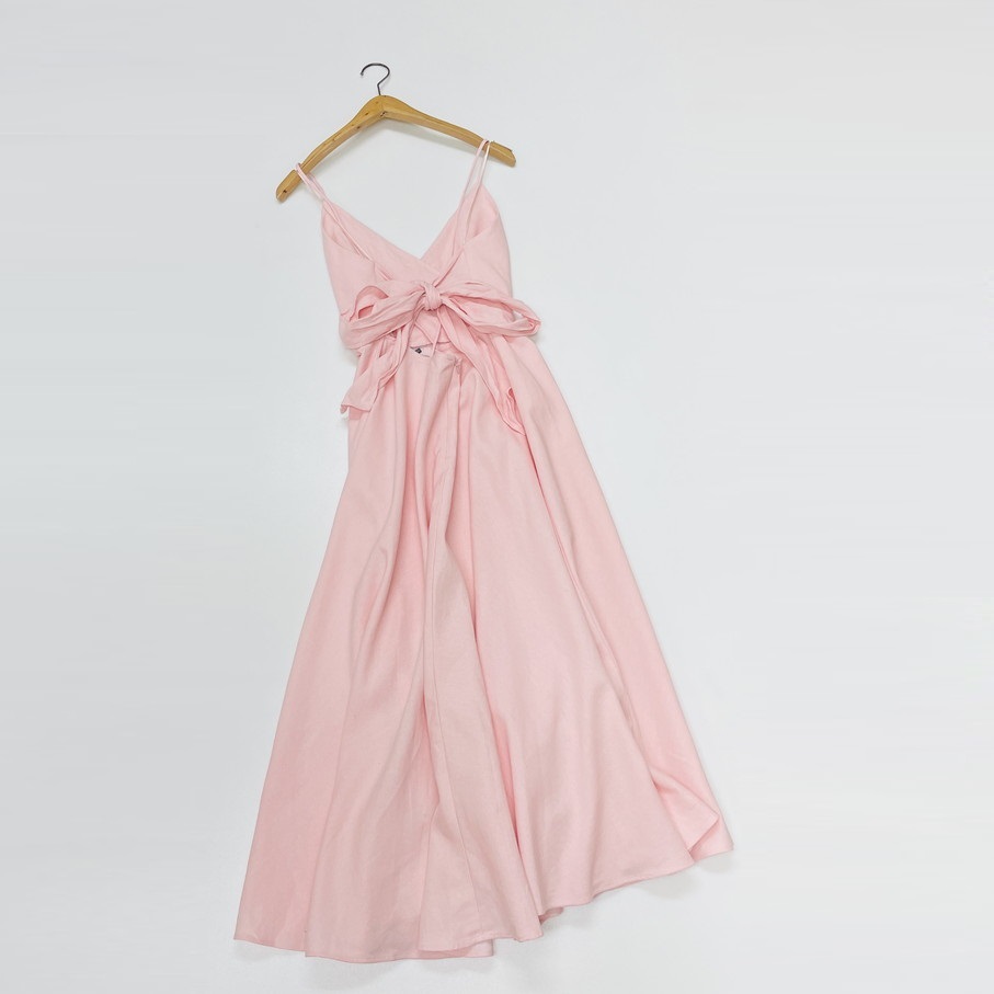 L/ ZARA ピンク ロングワンピース バックリボン フレア